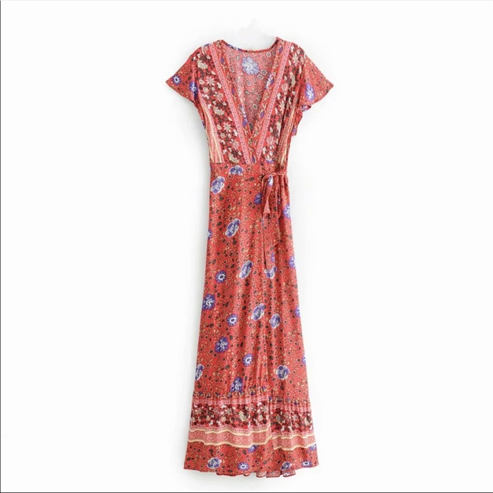 Bohemian Floral Tribal Print Maxi Wrap Dress red - Picture 5 of 13